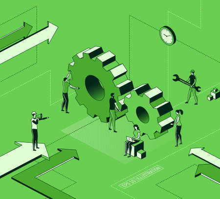 Trendy flat illustration. Office workers planning business mechanism, analyze business strategy and exchange ideas. Gear wheels. Teamwork concept. Template for your design works. Vector graphics.のイラスト素材