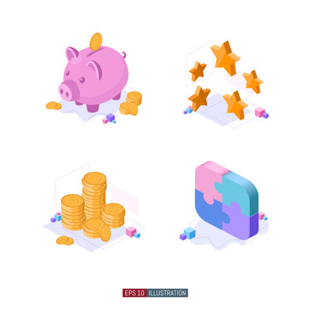 Trendy flat illustration set. Piggy bank. Customer reviews rating stars. Stack of coins. Puzzle pieces. Template for your design works. Vector graphics.のイラスト素材