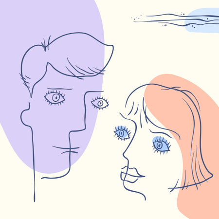 Trendy abstract background. Boy and girl faces. Minimal hand drawn geometric shapes composition. Pastel colorful pattern. Editable mask. Template for your design works. Vector illustration.のイラスト素材