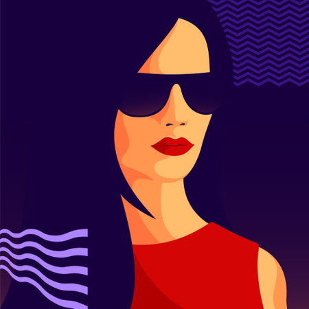 Trendy abstract background. Woman in dress and sunglasses. Pastel colorful pattern. Editable mask. Template for your design works. Vector illustration.のイラスト素材