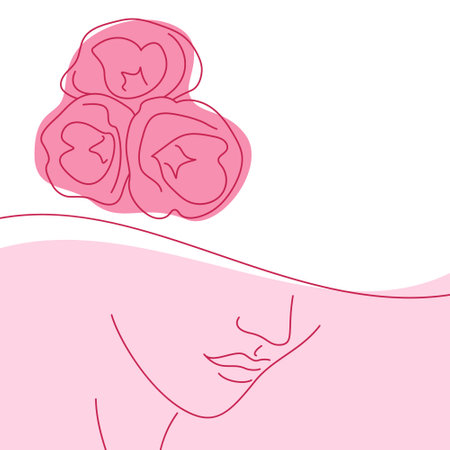 Trendy abstract background. The head of a woman in a hat decorated with flowers. Pastel colorful pattern. Editable mask. Template for your design works. Vector illustration.のイラスト素材