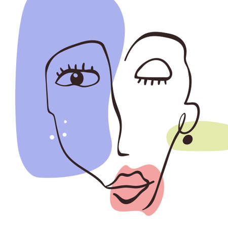 Trendy flat illustration. Abstract face. Hand drawn woman portrait in trendy minimalistic style. Template for your design works. Vector graphics.のイラスト素材