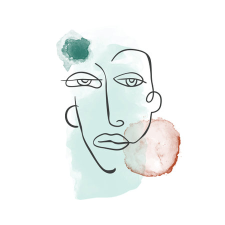 Trendy flat illustration. Abstract face. Hand drawn human portrait in trendy minimalistic style. Charcoal line. Watercolor spots. Template for your design works. Vector graphics.のイラスト素材