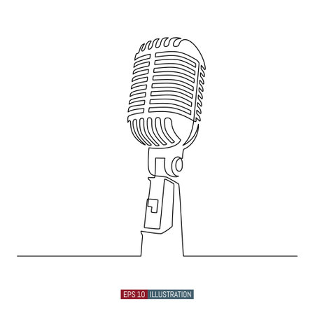 Continuous line drawing of Vintage microphone. Symbol of radio, singing, sound recording, karaoke. Template for your design works. Vector illustration.のイラスト素材