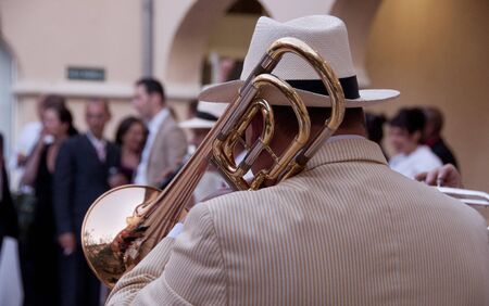 The trombone player seen from behindのeditorial素材