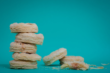 Strawberry jam cookies on blue backgroundsの写真素材