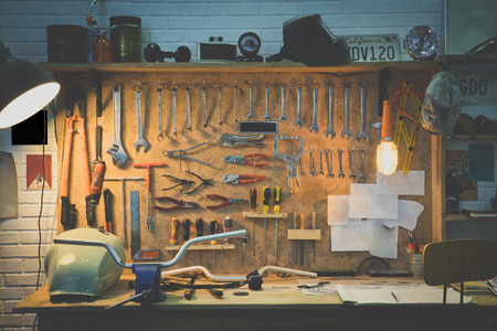 Workshop scene. Tools on the table and board.の写真素材