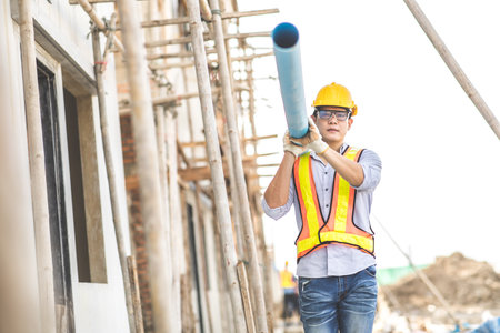 Asian man construction worker holding pipe and working on site.