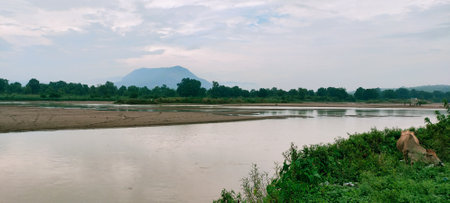 river and mountain in the evening at Jhora Ghat in Korba, Chhattisgarhの写真素材