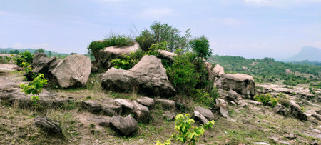 Huge boulders on a hillside in the Indian state of Korba Chhattisgarhの写真素材
