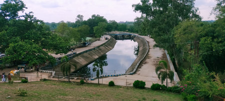 Panoramic view of the water channel of a dam in Indiaのeditorial素材
