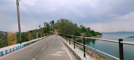 Panoramic view of a bridge on the dam in India.のeditorial素材