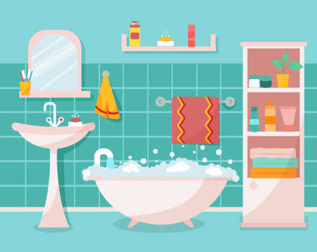 Stylish modern bathroom interior. Sink, faucet, towel, shelf, wardrobe, mirror. An overflowing bubble bath. Turquoise, pink, yellow. Vector illustrationのイラスト素材