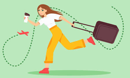 A girl with a coffee and a suitcase runs, hurries, is late for the plane. Vector illustration in the flat styleのイラスト素材