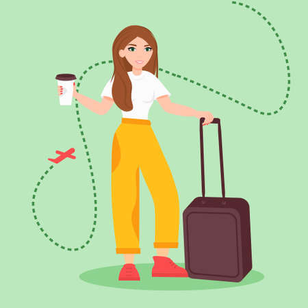 Vector illustration of a girl standing with a suitcase and coffee at the airport, waiting for a planeのイラスト素材