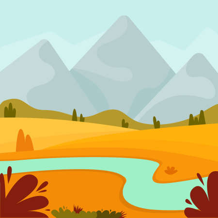 Autumn landscape. View of the mountains, forest and river. Outdoor recreation. Vector graphics in the flat styleのイラスト素材