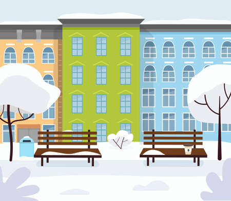 Winter city with a bench, trees, snow, coffee, against the background of multi-storey buildings. Vector illustration in a flat styleのイラスト素材