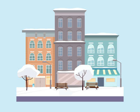 Winter city with a bench, trees, snow, coffee, against the background of multi-storey buildings. Vector illustration in a flat styleのイラスト素材