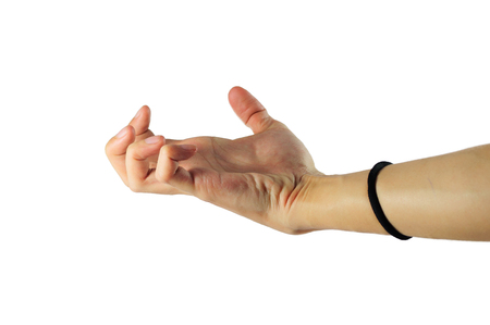 Beautiful female hand isolated on white background, asian, yellow skin.の写真素材