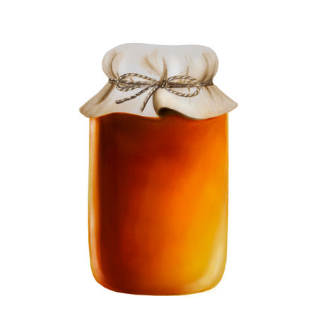 Watercolor glass jar of amber honey. Hand drawn immunity strengthening vitamins isolated illustration on background. Jar of apricot jam, apple jamの写真素材