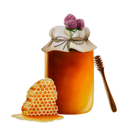 Watercolor glass jar of amber honey with honeycomb, clovers and wooden stick. Hand drawn immunity strengthening vitamins illustration on background.の写真素材