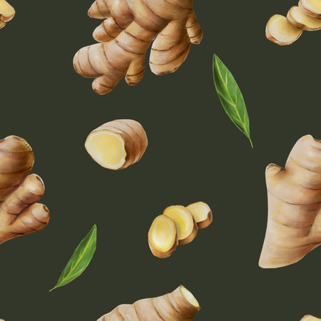 Watercolor seamless pattern with ginger. Includes ginger root and leafs, ginger slices. Hand drawn...