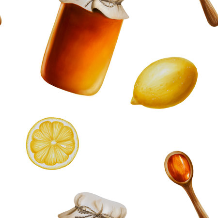 Watercolor seamless pattern with amber linden honey jars with lemon. Wooden spoon with honey. Honey flowing from a stick. Hand drawn immunity strengthening vitamins illustrationの写真素材