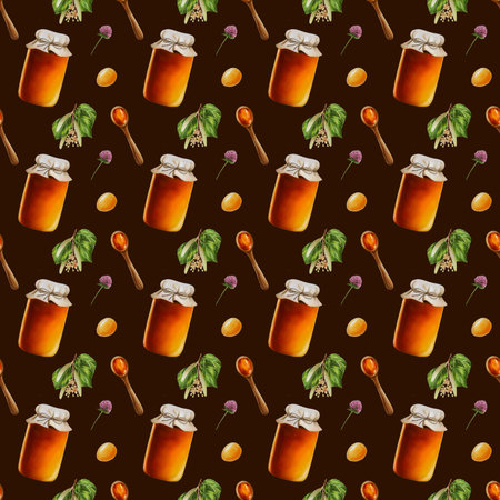 Watercolor seamless pattern with amber linden honey jars. Wooden spoon with honey. Honey flowing from a stick. Hand drawn immunity strengthening vitamins illustrationの写真素材