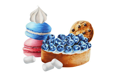 Watercolor composition with chocolate cookies, macaron, meringue, blueberry cake. Hand painting sweet juicy berries on a white isolated background. For designers, menu, shop, bar, bistro, restaurant, for postcards, wrapping paper, covers. For posters and textile.の写真素材