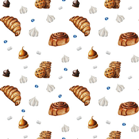 Watercolor seamless pattern with biscuits, meringue, marshmallows, blueberry, orange souffl. Hand painting sweet on a white isolated background. For designers, menu, shop, bar, bistro, restaurant, for postcards, wrapping paper, covers. For posters and textileの写真素材