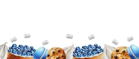 Watercolor frame with biscuits, meringue, marshmallows, blueberry tartlet, macaroons. Hand painting sweet on a white isolated background. For designers, menu, shop, bar, bistro, restaurant, for postcards, wrapping paper, covers. For posters and textileの写真素材