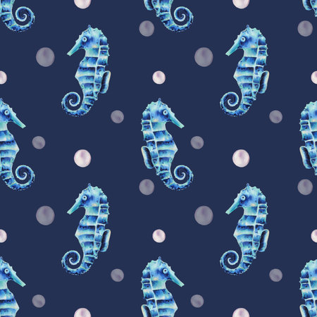 Watercolor seamless pattern with sea horses and pearls. Hand painting clipart underwater life objects on a white isolated background. For designers, decoration, postcards, wrapping paper, scrapbooking, covers, invitations, wedding design, posters and textileの写真素材