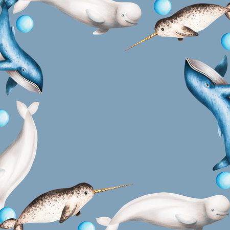 Watercolor frame with beluga, blue whale and narwhal isolated on white background. Hand painting realistic Arctic and Antarctic ocean mammals. For designers, decoration, postcards, wrapping paper, scrapbooking, covers, logos, invitations, posters and textileの写真素材