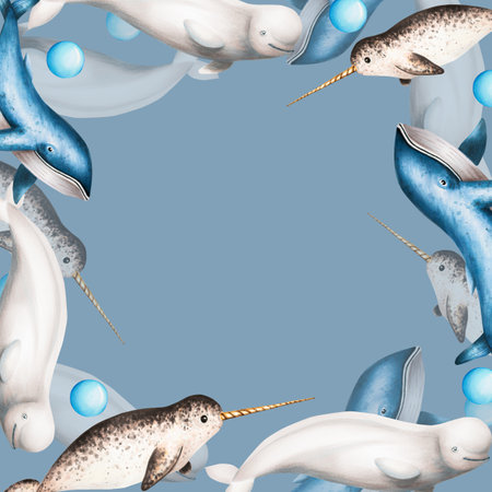 Watercolor frame with beluga, blue whale and narwhal isolated on white background. Hand painting realistic Arctic and Antarctic ocean mammals. For designers, decoration, postcards, wrapping paper, scrapbooking, covers, logos, invitations, posters and textileの写真素材