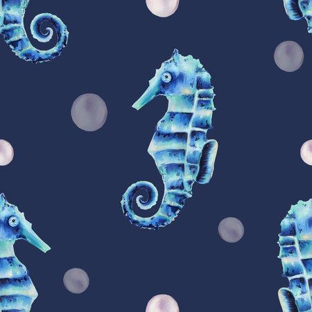 Watercolor seamless pattern with sea horses and pearls. Hand painting clipart underwater life objects on a white isolated background. For designers, decoration, postcards, wrapping paper, scrapbooking, covers, invitations, wedding design, posters and textileの写真素材