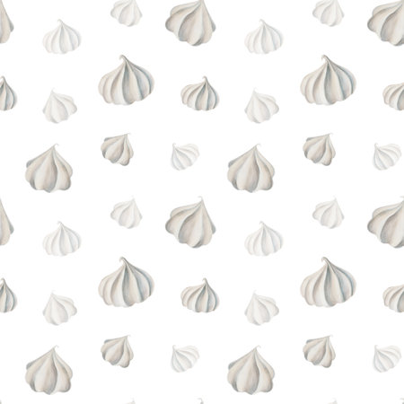 Watercolor seamless pattern with meringues. Hand painting sweet on a white isolated background. For designers, menu, shop, polygraphy,bar, bistro, restaurant, for postcards, wrapping paper, covers. For posters and textileの写真素材