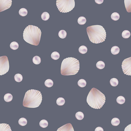 Watercolor seamless pattern with shells and pearls. Hand painting clipart underwater life objects on a white isolated background.の写真素材