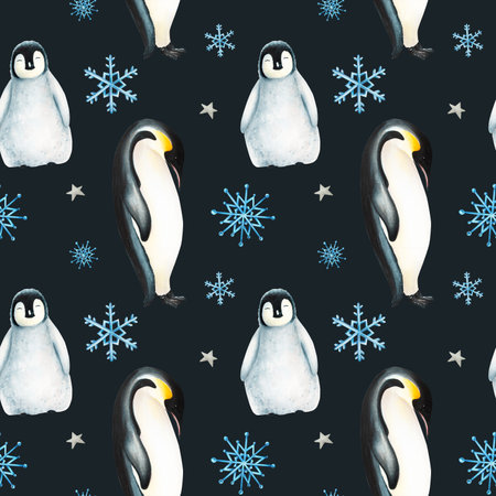 Watercolor winter seamless pattern illustration of a king penguins under snowflakes isolated.の写真素材