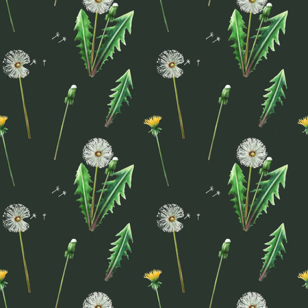 Watercolor seamless pattern with dandelions flowers and green leaves. Hand painting clipart botanical meadow illustration on white isolated background. For designers, decoration, postcards, wrapping paper, scrapbooking, covers, invitations, wedding design, posters and textileの写真素材
