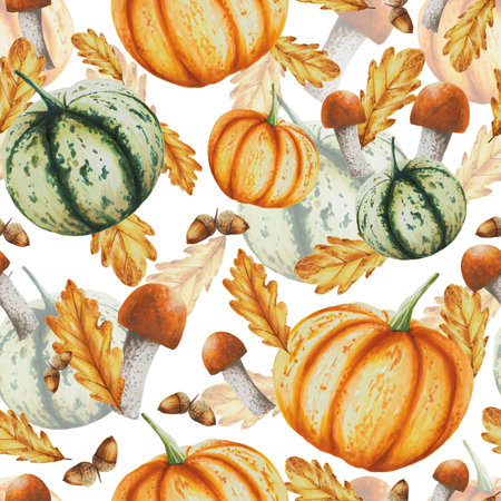 Autumn watercolor isolated seamless pattern with pumpkins, oak leaves, acorns, mushrooms, boletus, porcini mushrooms white background. Seasonal autumn elements. Thanksgiving, Halloween illustration for designers, scrapbooking.の写真素材