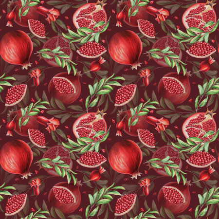 Watercolor seamless pattern with pomegranate seeds and flowers and leaves isolated. Half and a slice of pomegranate. Hand drawn realistic tasty organic garnet red fruit. For designers, Valentine's Day Cards, Party Invitations, wrapping paper covers.の写真素材