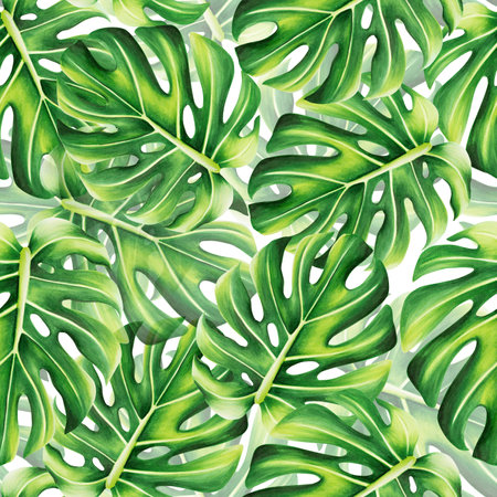 Watercolor seamless pattern with realistic tropical illustration of monster isolated on white background. Beautiful botanical hand painted logo with floral elements. For designers, spa decoration, postcards, wedding, greetings, wallpapers, wrapping papの写真素材