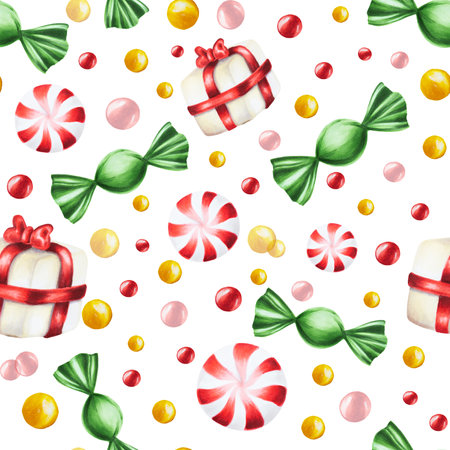 Watercolor seamless pattern with christmas candies illustrations. New year hand painting lollipops isolated on white background. New year hand painting red cupcake isolated on white background. For designers, food decoration, menu, shop, for postcards, wrapping paper, covers. For posters and textile.の写真素材