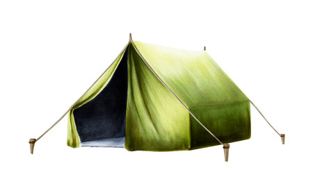 Watercolor green camping tent illustration. Mountain equipment for recreation tourism and adverture isolated on white background. Clip art for designers, travel business, postcards, scrapbooking, covers, invitations, posters and textile.の写真素材