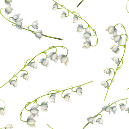 Watercolor seamless pattern with bouquets of lilies of the valley flowers isolated on white background. Spring hand painted illustration. For designers, wedding, decoration, postcards, wrapping paper, scrapbooking, covers, invitations, posters and textile.の写真素材