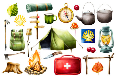 Watercolor composition with green camping tent, hiking and camping backpack, rolled up blanket and sleeping bag illustration. Mountain equipment for recreation tourism and adverture isolated on white background. Clip art for designers, travel busineの写真素材
