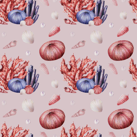 Watercolor seamless pattern with corals, urchin, shells and pearls. Hand painting clipart underwater life objects on a white isolated background. For designers, decoration, postcards, wrapping paper, scrapbooking, covers, invitations, wedding design, posters and textile.の写真素材