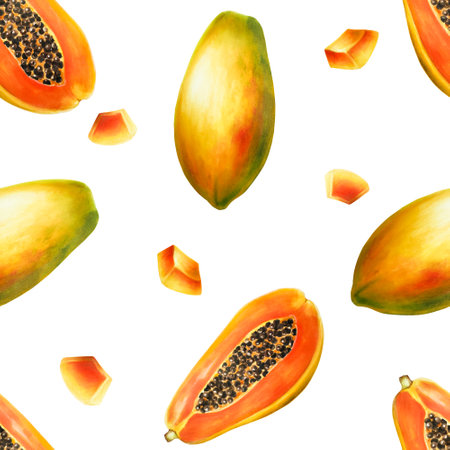 Watercolor sweet ripe seamless pattern with half a papaya and grains. Hand drawn realistic tasty organic illustration of exotic tropical fruit isolated on background. For designers, wedding, decoration, postcards, wrapping paper, scrapbooking, coversの写真素材