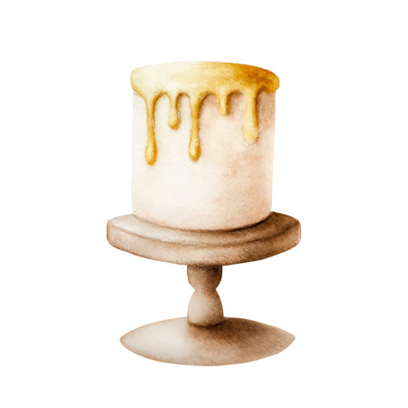 Watercolor birthday, holiday cake on a wood stand. Hand drawn golden illustration cream isolated on white background. Shiny element for designers, prints, baby shower, postcards, wrapping paper, holiday, children, covers. For posters and tの写真素材