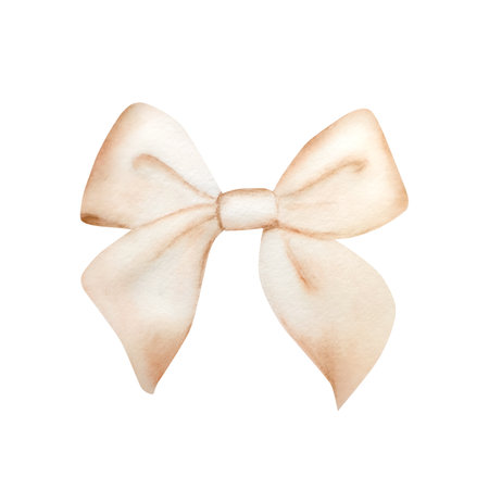 Watercolor birthday and holiday pastel ribbon bow. Hand drawn children and girls illustration isolated on white background. Shiny element for designers, prints, baby shower, postcards, wrapping paper, holiday, children, covers. For posters and textilの写真素材